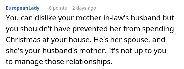 Comment discussing banning mother-in-law’s husband from home affecting marriage and family relationships. Comment discussing banning mother-in-law’s husband from home affecting marriage and family relationships.