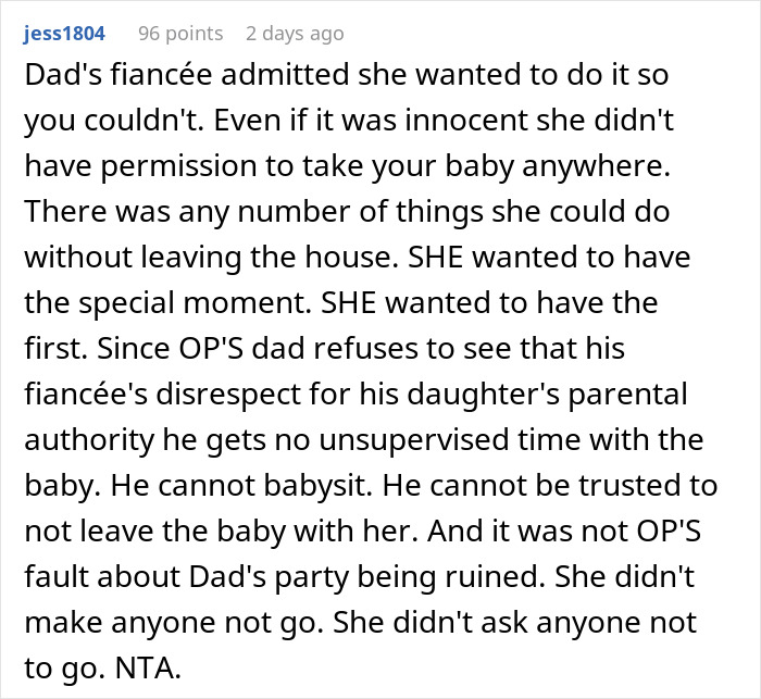 Comment explaining babysitting privileges lost after step-grandma sneaks baby to Santa, highlighting parental authority issues. Comment explaining babysitting privileges lost after step-grandma sneaks baby to Santa, highlighting parental authority issues.
