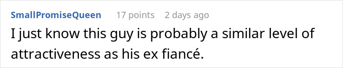 Screenshot of a social media comment discussing attractiveness related to fiancé and ex-fiancé in a relationship context. Screenshot of a social media comment discussing attractiveness related to fiancé and ex-fiancé in a relationship context.