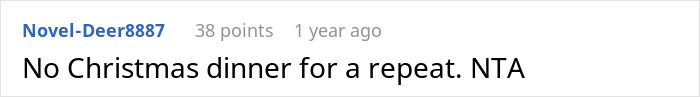 Screenshot of an online comment expressing frustration over a Thanksgiving host left with an empty fridge after family clears leftovers.