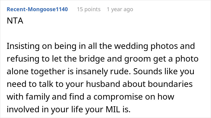 Screenshot of an online comment discussing MIL wearing a white dress and issues with wedding photos boundaries.