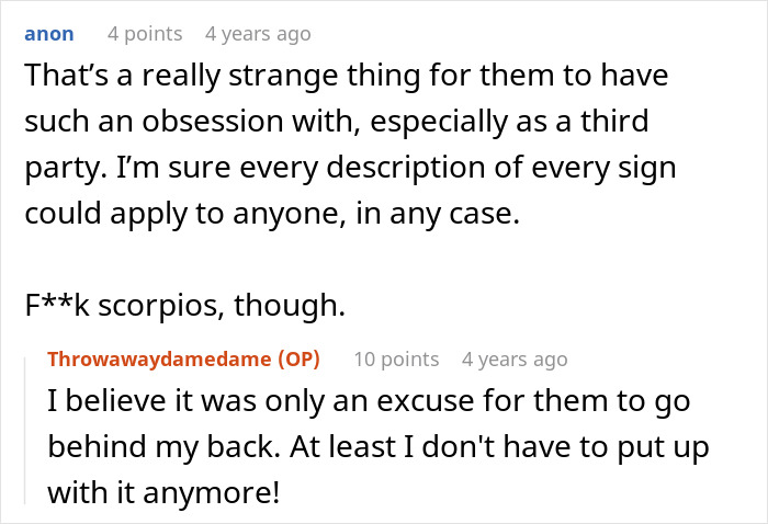 Screenshot of a conversation discussing cheating and astrology obsession, focusing on a Cancer zodiac sign excuse.