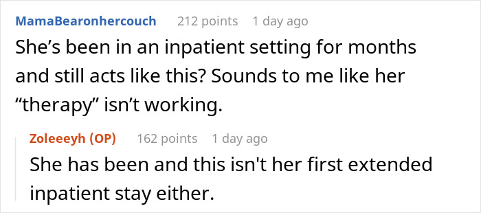 Online conversation about woman threatening sister’s life, ongoing inpatient therapy, and family wanting them to reunite for Christmas. Online conversation about woman threatening sister’s life, ongoing inpatient therapy, and family wanting them to reunite for Christmas.