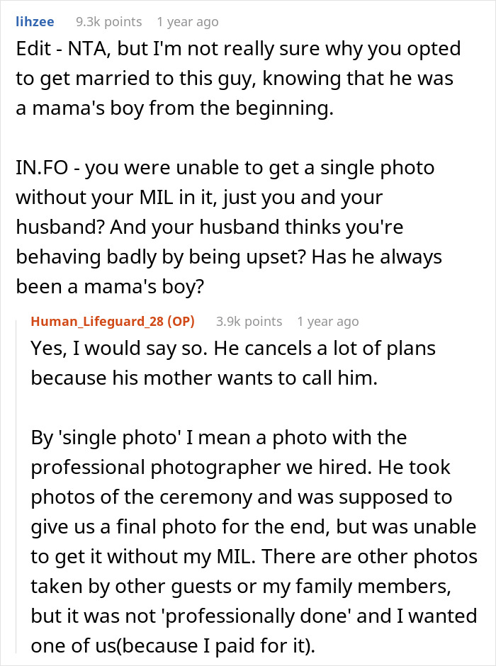 Reddit conversation discussing a mother-in-law wearing a white dress at her son's wedding and bride's reaction.