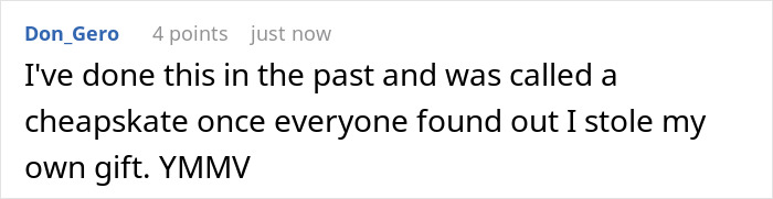 Comment on a forum about stealing own white elephant gift and reactions, discussing if refund move is genius or rude. Comment on a forum about stealing own white elephant gift and reactions, discussing if refund move is genius or rude.