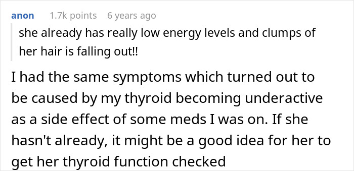 Comment highlighting concern about teen’s low energy and hair loss, suggesting thyroid check for health protection. Comment highlighting concern about teen’s low energy and hair loss, suggesting thyroid check for health protection.