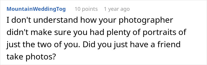 Comment discussing concerns about wedding photography and the lack of formal portraits of the couple.