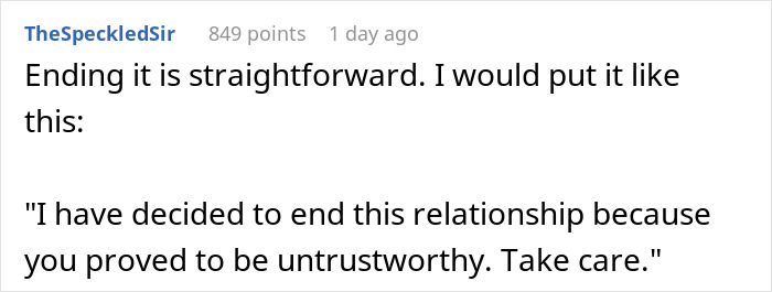 Comment text on a white background about ending a relationship due to untrustworthiness, relating to age deception in dating. Comment text on a white background about ending a relationship due to untrustworthiness, relating to age deception in dating.