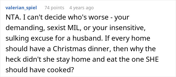 Comment criticizes demanding MIL and insensitive husband after woman reheats pizza leftovers when MIL visits unannounced at Christmas. Comment criticizes demanding MIL and insensitive husband after woman reheats pizza leftovers when MIL visits unannounced at Christmas.