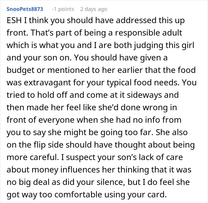 Comment about mom accused of embarrassing son’s girlfriend offering to cook meals and discussing food budgeting issues. Comment about mom accused of embarrassing son’s girlfriend offering to cook meals and discussing food budgeting issues.