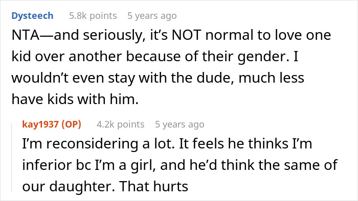 Reddit conversation about a woman upset by boyfriend preferring sons, discussing love for kids by gender and relationship impact. Reddit conversation about a woman upset by boyfriend preferring sons, discussing love for kids by gender and relationship impact.