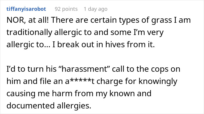 Comment discussing roommate allergy to grass and reaction to prank involving putting grass in pillow to prove allergy. Comment discussing roommate allergy to grass and reaction to prank involving putting grass in pillow to prove allergy.