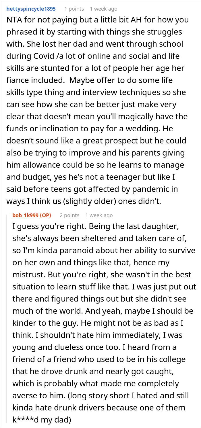 Text conversation about a financially unstable woman rushing into marriage and reacting after a bitter reality check.