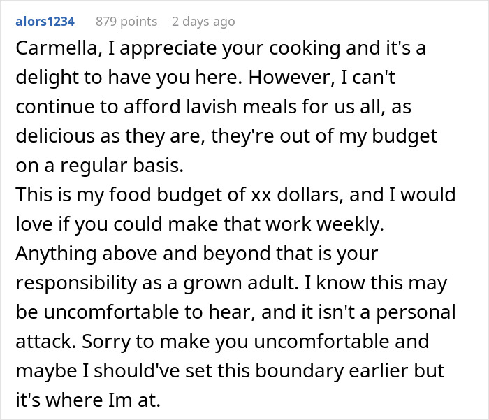 Text of a mom explaining food budget boundaries to son’s girlfriend who offered to cook meals for them. Text of a mom explaining food budget boundaries to son’s girlfriend who offered to cook meals for them.