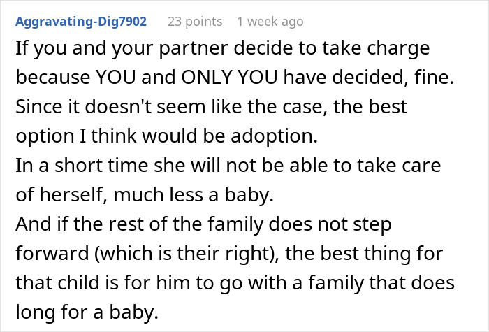 Comment discussing a childfree woman refusing responsibility for her sister's new baby and suggesting adoption as an option.