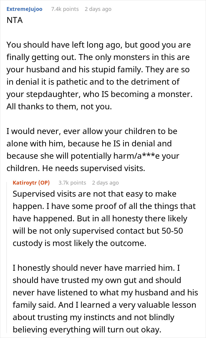 Reddit comments discussing a woman’s struggle with stepdaughter’s behavior and criticism from in-laws before leaving husband. Reddit comments discussing a woman’s struggle with stepdaughter’s behavior and criticism from in-laws before leaving husband.