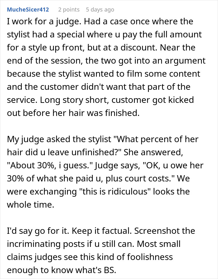 Comment discussing a stylist leaving a customer's hair unfinished and a judge ruling on payment and court costs.