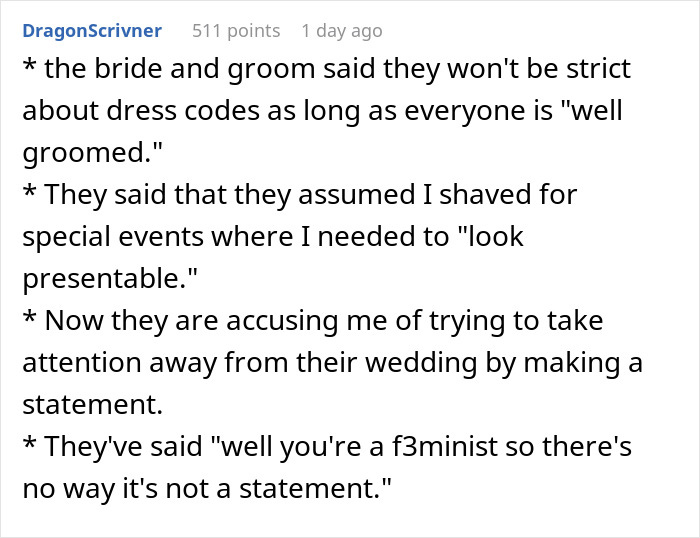 Bride and groom view woman's hairy armpits as personal insult, causing discomfort among wedding guests. Bride and groom view woman's hairy armpits as personal insult, causing discomfort among wedding guests.
