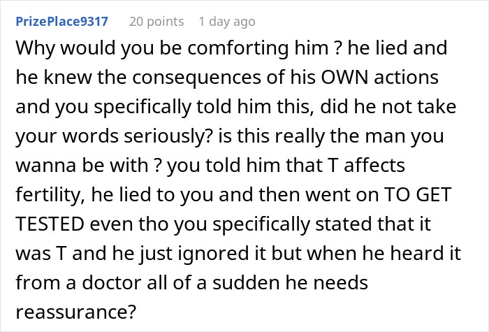 Comment discussing a woman confronting her husband about his lie risking their future child’s health and fertility concerns. Comment discussing a woman confronting her husband about his lie risking their future child’s health and fertility concerns.