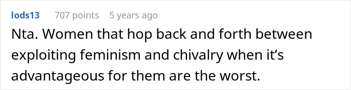 Screenshot of online comment discussing women exploiting feminism and chivalry, related to treating boyfriend like personal ATM. Screenshot of online comment discussing women exploiting feminism and chivalry, related to treating boyfriend like personal ATM.