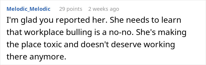 Comment discussing workplace bullying after a woman puts coworker on blast on social media and gets fired.