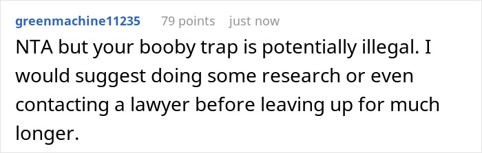 Screenshot of a comment discussing potential illegality of a neighbor’s booby trap after yard damage dispute. Screenshot of a comment discussing potential illegality of a neighbor’s booby trap after yard damage dispute.