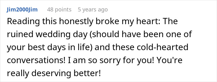 Comment expressing heartbreak over a ruined wedding and a marriage falling apart within two weeks. Comment expressing heartbreak over a ruined wedding and a marriage falling apart within two weeks.