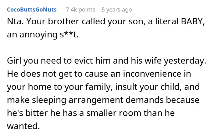 Screenshot of a Reddit comment discussing entitled behavior of a brother and his wife during a family conflict.