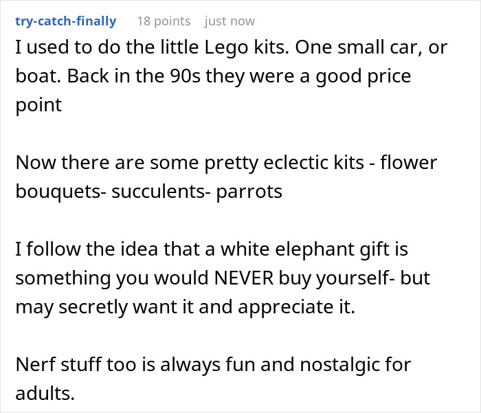 Reddit comment discussing white elephant gifts, mentioning personal views on buying and appreciating such gifts. Reddit comment discussing white elephant gifts, mentioning personal views on buying and appreciating such gifts.
