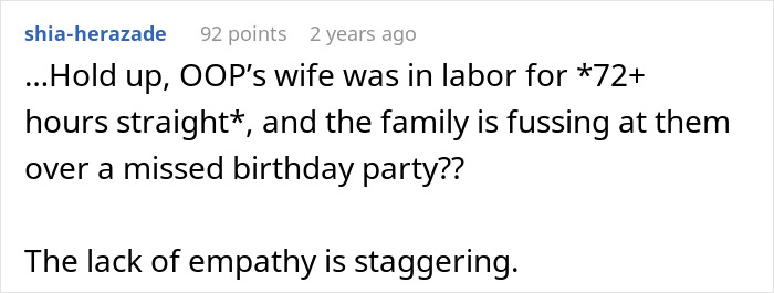 Comment discussing mom raging at son for forgetting birthday and accusing daughter-in-law of timing labor deliberately. Comment discussing mom raging at son for forgetting birthday and accusing daughter-in-law of timing labor deliberately.