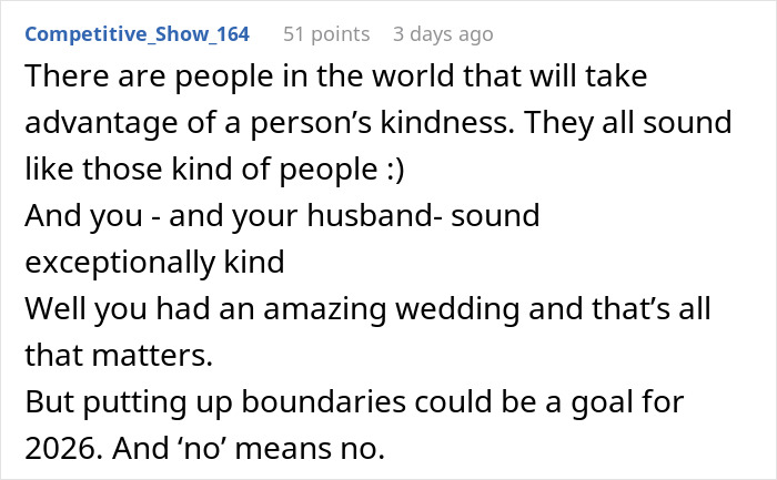 Comment discussing kindness and boundaries after an uninvited guest treats wedding night like a sleepover.