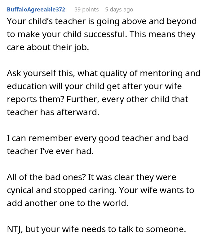 Comment discussing a mom furious over teacher's inappropriate note to her son, dad thinks she’s overreacting. Comment discussing a mom furious over teacher's inappropriate note to her son, dad thinks she’s overreacting.