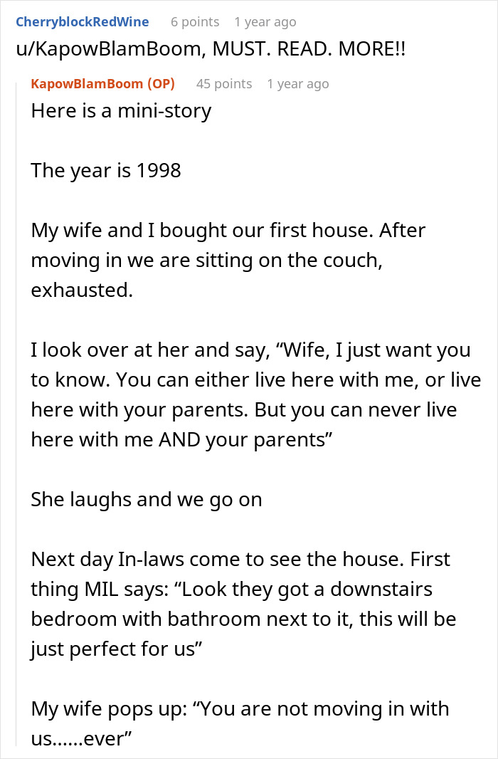 Reddit conversation text about MIL, house, and Christmas dog involving a moving-in story and family dynamics.