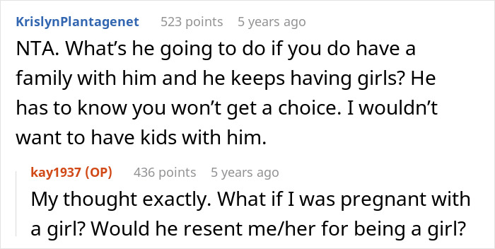 Screenshot of online comments discussing a woman appalled by boyfriend’s comment about future kids, focusing on loving only boys. Screenshot of online comments discussing a woman appalled by boyfriend’s comment about future kids, focusing on loving only boys.