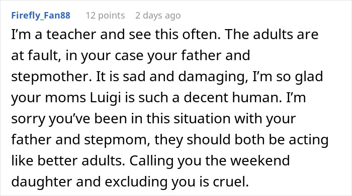 Comment from user Firefly_Fan88 discussing stepmother and father causing insecurity in teen, highlighting family issues and emotional impact. Comment from user Firefly_Fan88 discussing stepmother and father causing insecurity in teen, highlighting family issues and emotional impact.