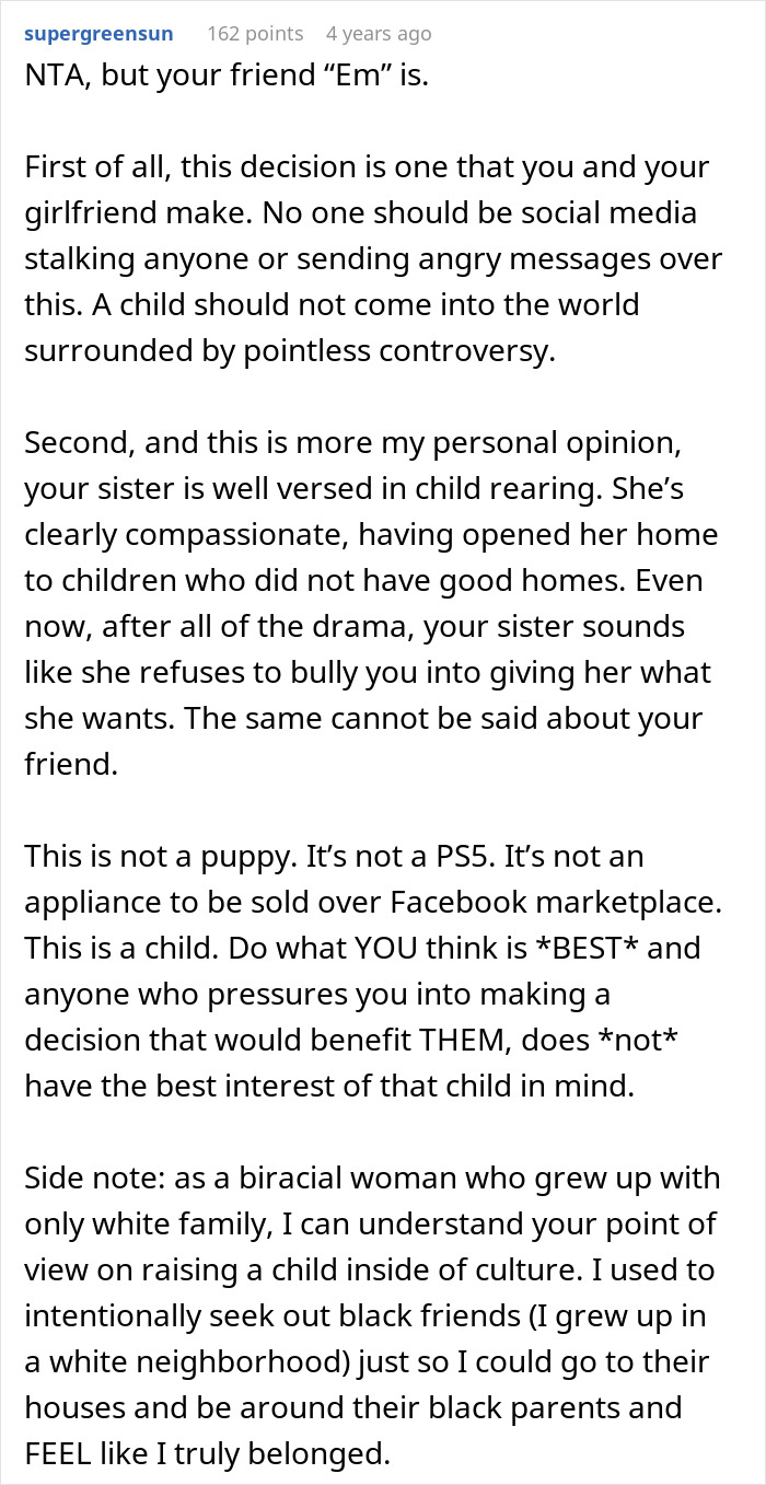 Screenshot of a Reddit comment discussing a racist lady wanting friend’s white baby and adoption conflict. Screenshot of a Reddit comment discussing a racist lady wanting friend’s white baby and adoption conflict.