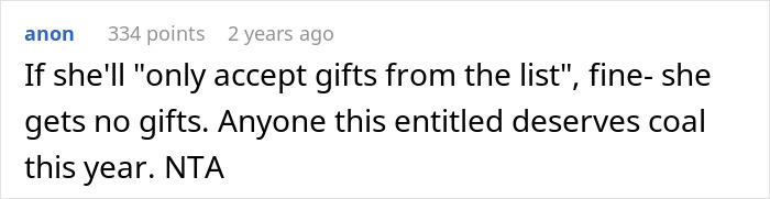Screenshot of a forum comment discussing entitlement and gifts related to the sil Christmas gift list topic. Screenshot of a forum comment discussing entitlement and gifts related to the sil Christmas gift list topic.