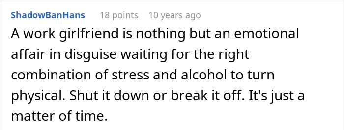 Screenshot of an online comment discussing a work girlfriend leading to emotional affair and relationship issues over a girl at work.