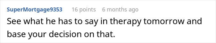 Screenshot of an online comment advising to see husband’s therapy session before making a decision about the relationship.