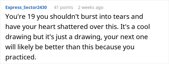 Comment discussing a dad fixing his 19-year-old daughter's first real drawing and her reaction online.
