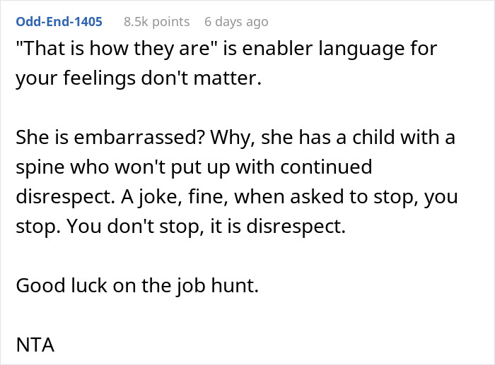 Comment explaining why a guy leaves Christmas dinner over uncle’s jokes and mom’s reaction calling it embarrassing. Comment explaining why a guy leaves Christmas dinner over uncle’s jokes and mom’s reaction calling it embarrassing.
