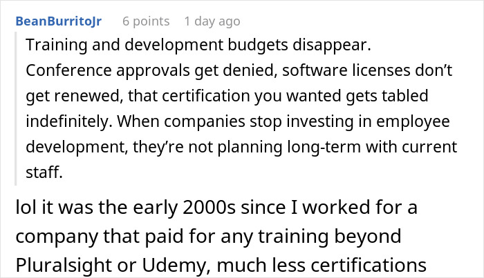 Screenshot of a discussion highlighting red flags like disappearing training budgets indicating job insecurity. Screenshot of a discussion highlighting red flags like disappearing training budgets indicating job insecurity.