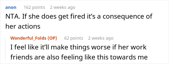 Screenshot of a social media conversation discussing consequences after a woman puts coworker on blast.