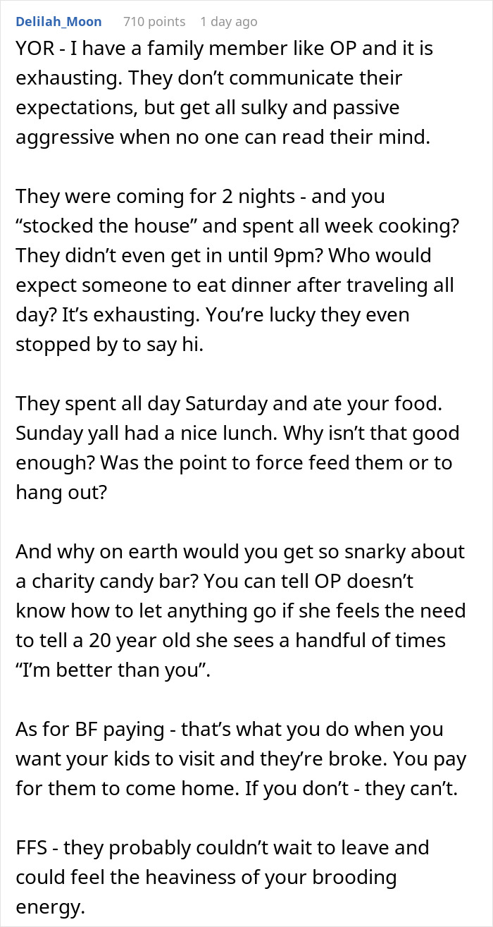 Text comment discussing a woman bending over backwards for her boyfriend’s son and his girlfriend, feeling exhausted and unappreciated.