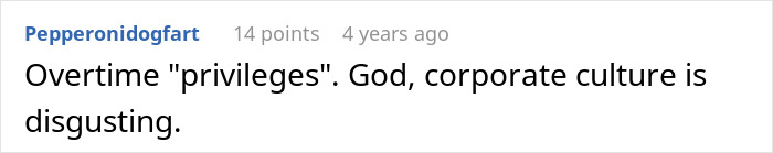 Screenshot of a Reddit comment discussing corporate culture and overtime privileges in a coffee shop worker story. Screenshot of a Reddit comment discussing corporate culture and overtime privileges in a coffee shop worker story.
