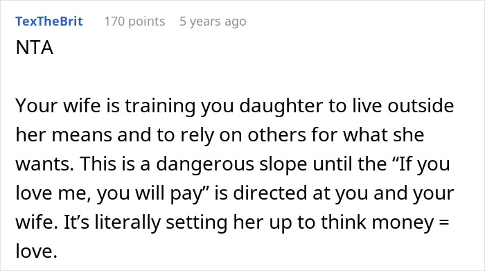 Comment criticizing wife for teaching daughter to treat boyfriend like a personal ATM, warning about enabling harmful money equating love.