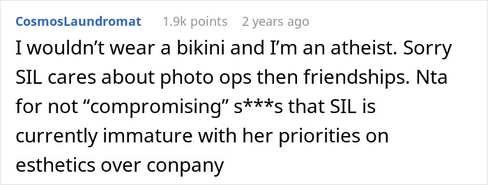 Screenshot of an online comment discussing a Muslim daughter-in-law refusing to wear a bikini at a bridal party. Screenshot of an online comment discussing a Muslim daughter-in-law refusing to wear a bikini at a bridal party.