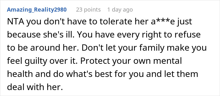 Screenshot of a Reddit comment advising not to tolerate threats and prioritizing mental health in family conflicts. Screenshot of a Reddit comment advising not to tolerate threats and prioritizing mental health in family conflicts.