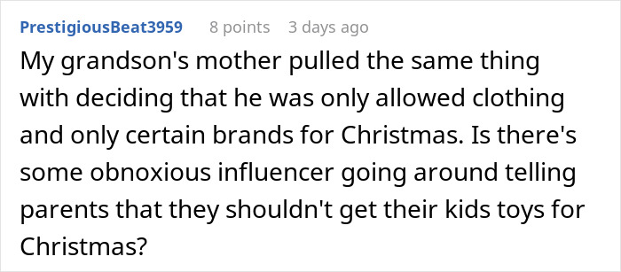 Alt text: Reddit comment discussing grandma&rsquo;s savage holiday clapback about entitled ex-daughter-in-law and Christmas gift rules.