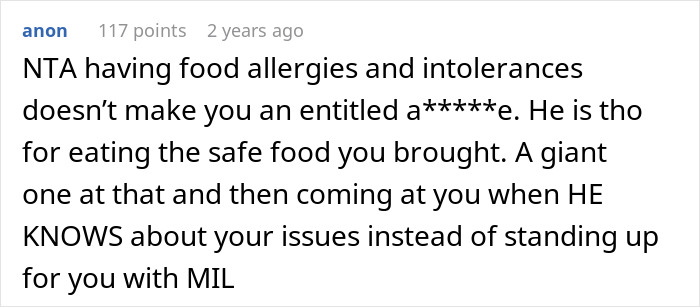 Screenshot of an online comment discussing a husband's family calling a woman picky eater despite her allergies and food restrictions. Screenshot of an online comment discussing a husband's family calling a woman picky eater despite her allergies and food restrictions.